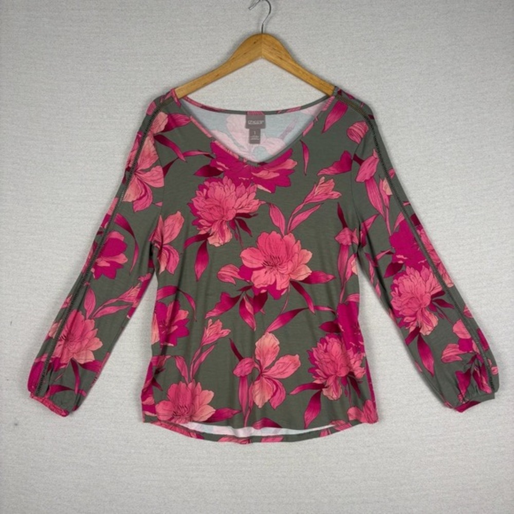 Chicos Blouse Womens 1/M Pink Floral V Neck Jersey Knit Long Sleeve Cottage